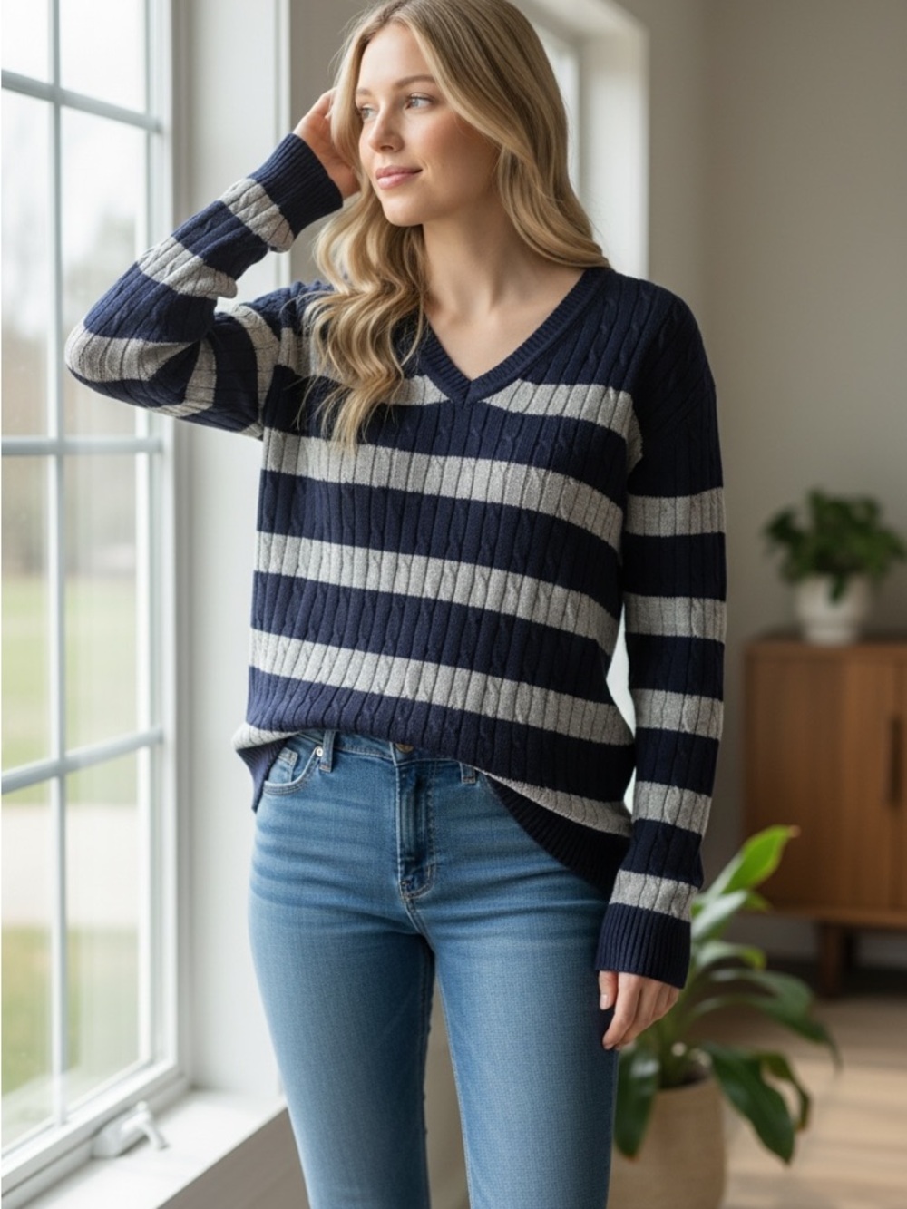 Kim Rogers Women’s Navy and Light Gray Striped V-Neck Sweater